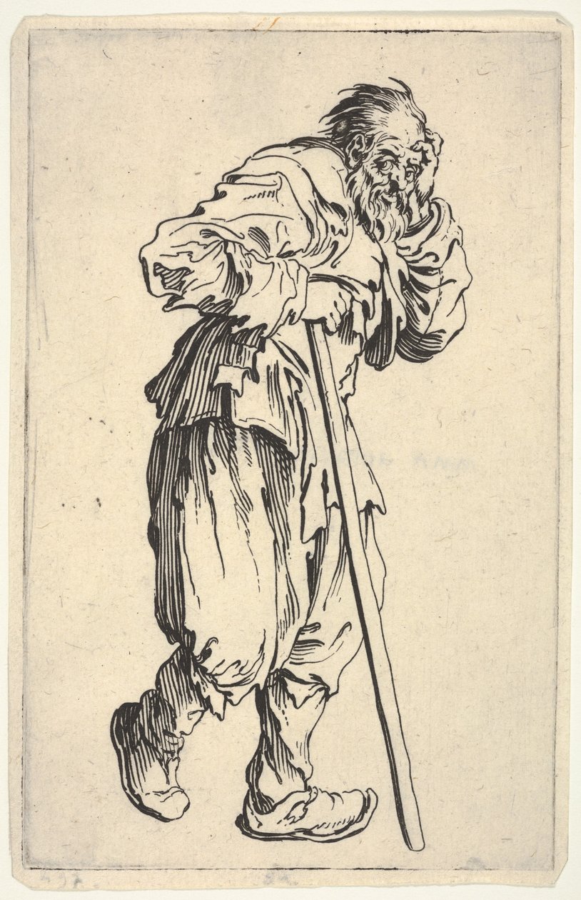 Vousatý muž oděný v hadrech, jednou rukou si drží hlavu a druhou hůl, z díla „Žebráci“ (Les Gueux) od Jacques Callot