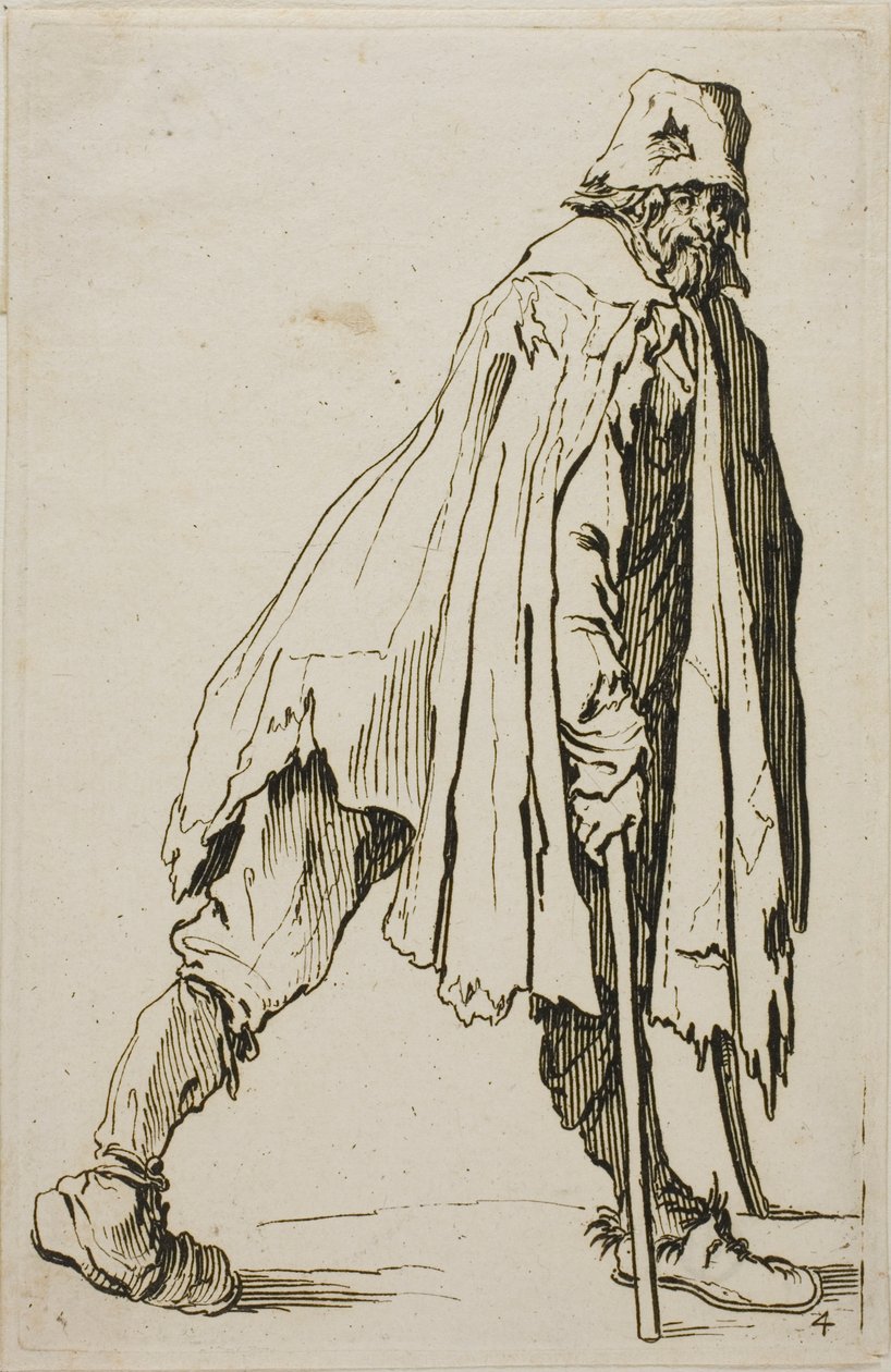 Žebrák o berlích nosí klobouk, deska čtyři z The Beggars od Jacques Callot