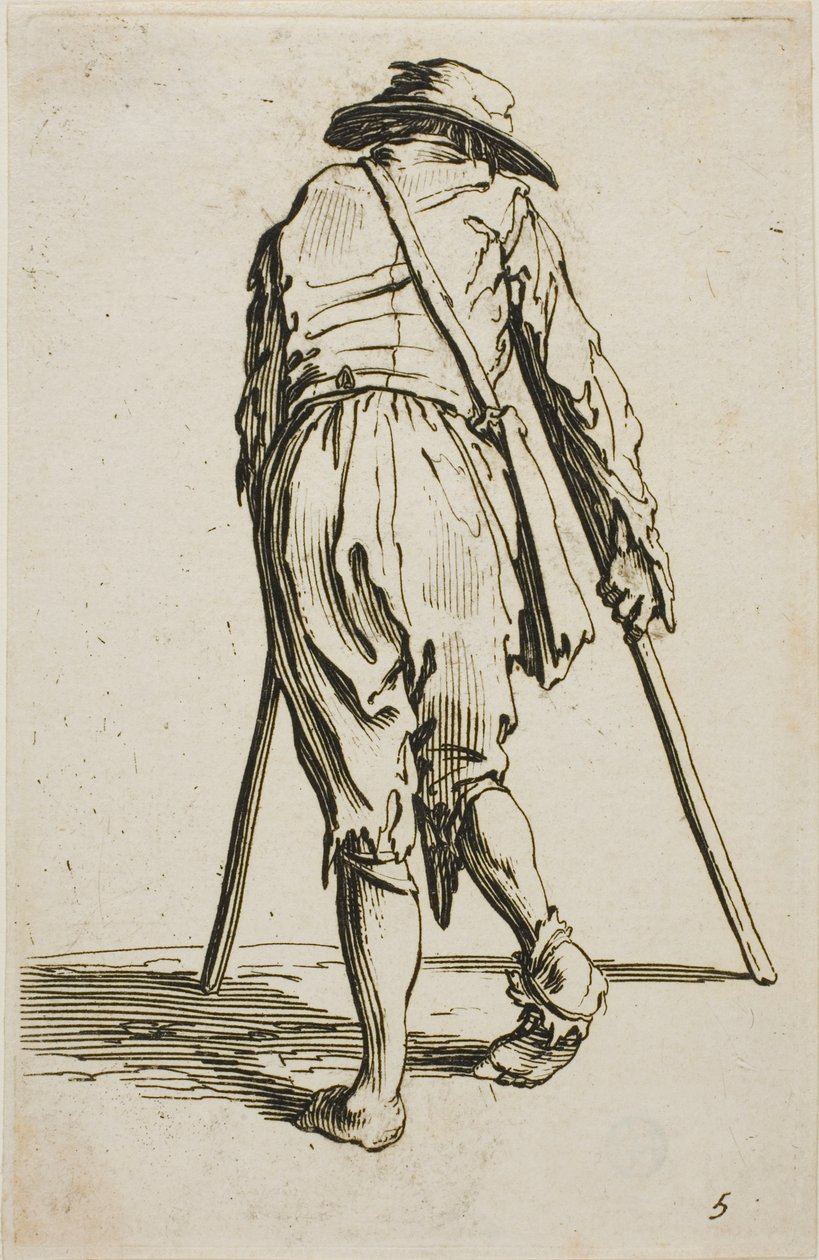Žebrák o berlích a s kloboukem na hlavě, pohled zezadu, pátá deska z knihy Žebráci od Jacques Callot