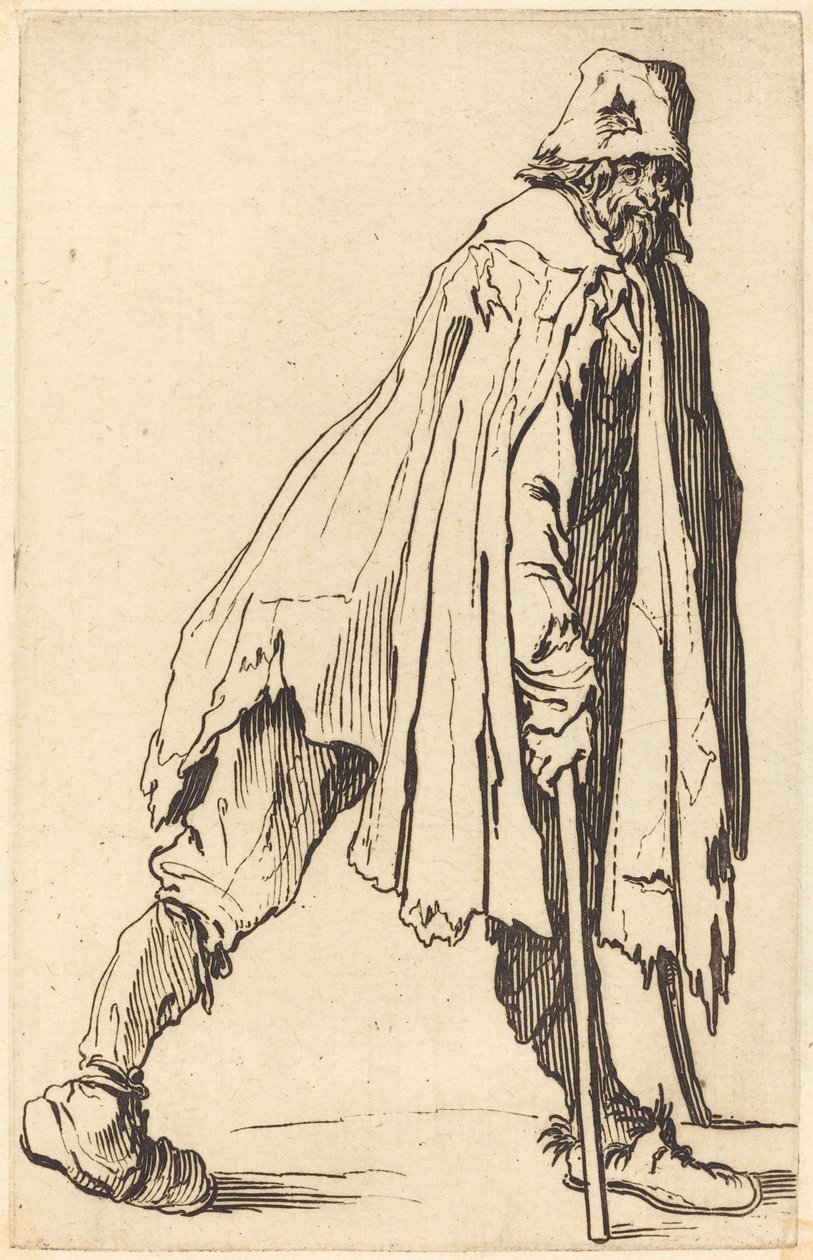 Žebrák s berlemi a čepicí od Jacques Callot