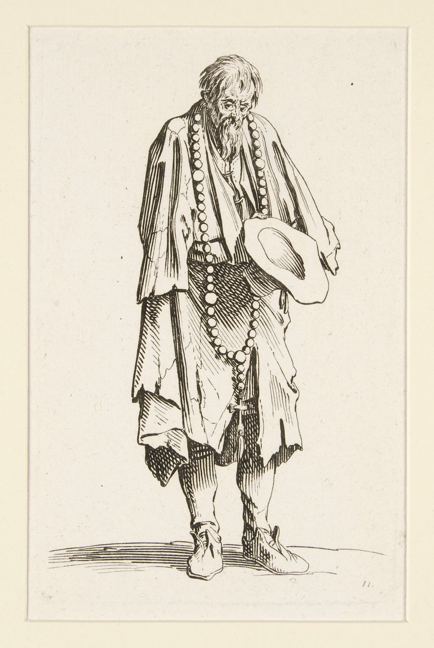 Žebrák s růžencem, z Žebráků (Le mendiant au rosaire) od Jacques Callot