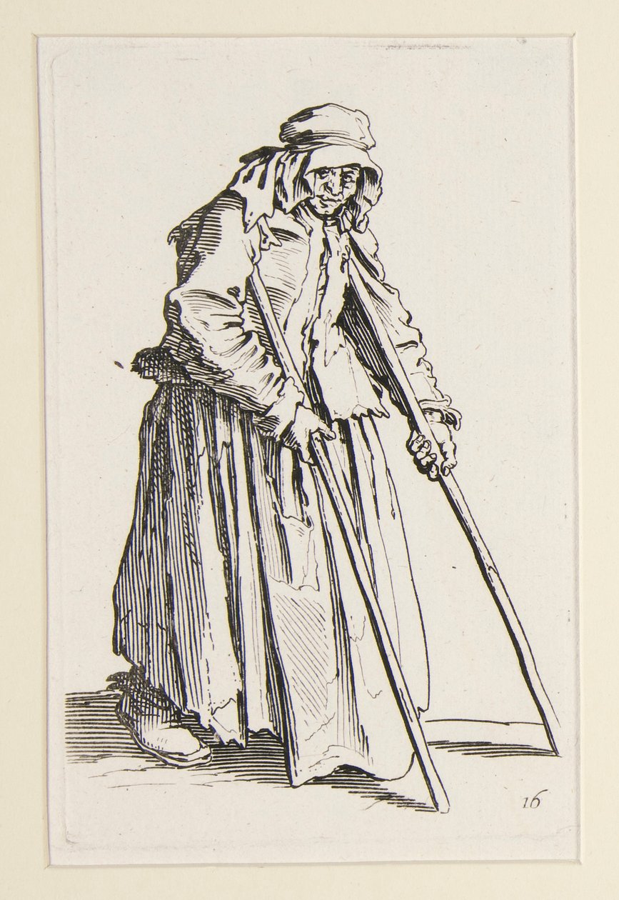 Žebrácká žena o berlích, z The Beggars (La mendiante aux bequilles) od Jacques Callot