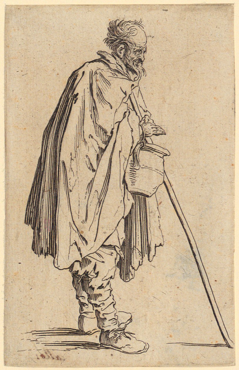 Žebrák s džbánem, list 6 ze série „Žebráci“ od Jacques Callot