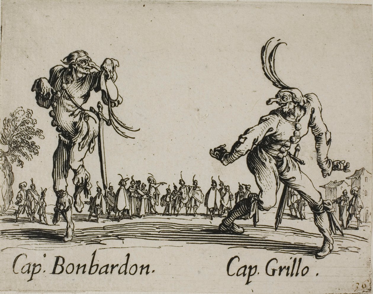 Kapitán Bonbardon - Kapitán Grillo, deska 13 od Balli di Sfessania od Jacques Callot