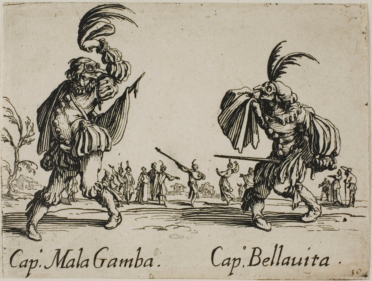 Kapitán Mala Gamba - Kapitán Bellavita, talíř 15 od Balli di Sfessania od Jacques Callot