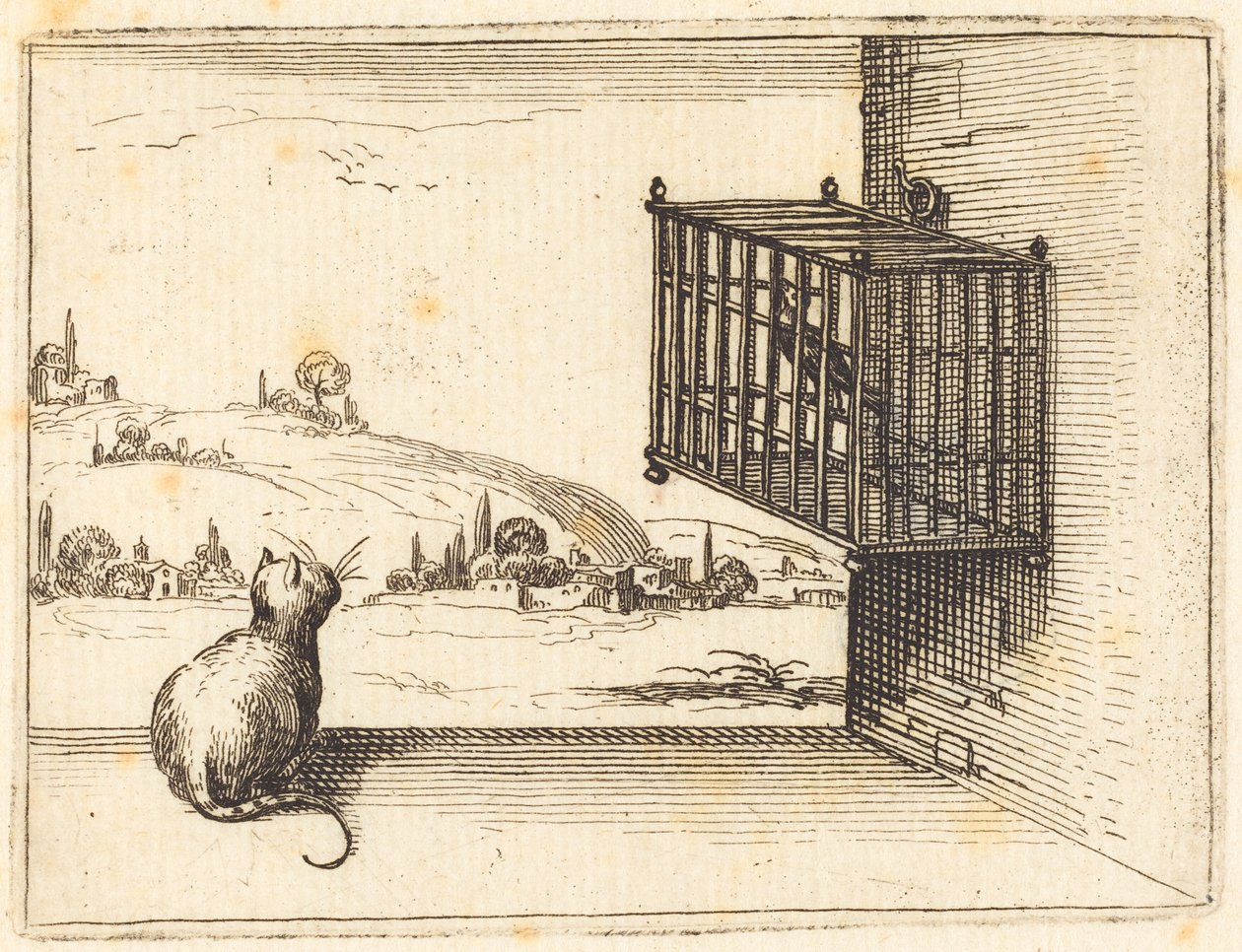 Kočka pozorující ptáka v kleci od Jacques Callot