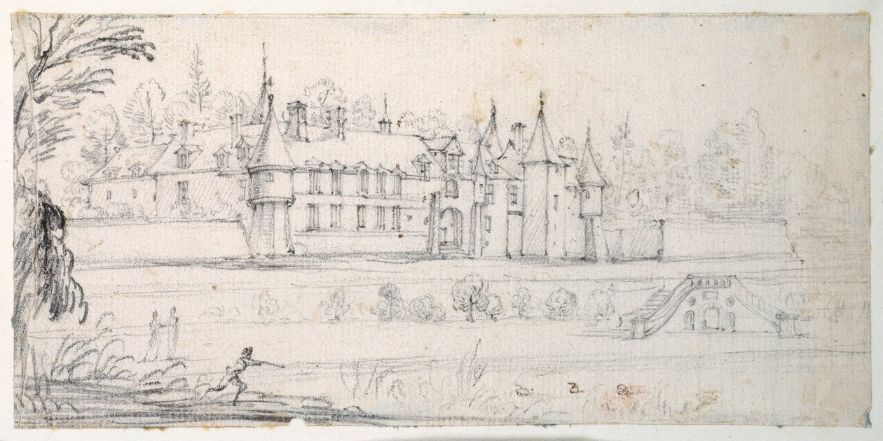 Chateau de Chantelou, v údolí Orge, mezi Linas a Chestres (černá křída na papíře) od Jacques Callot