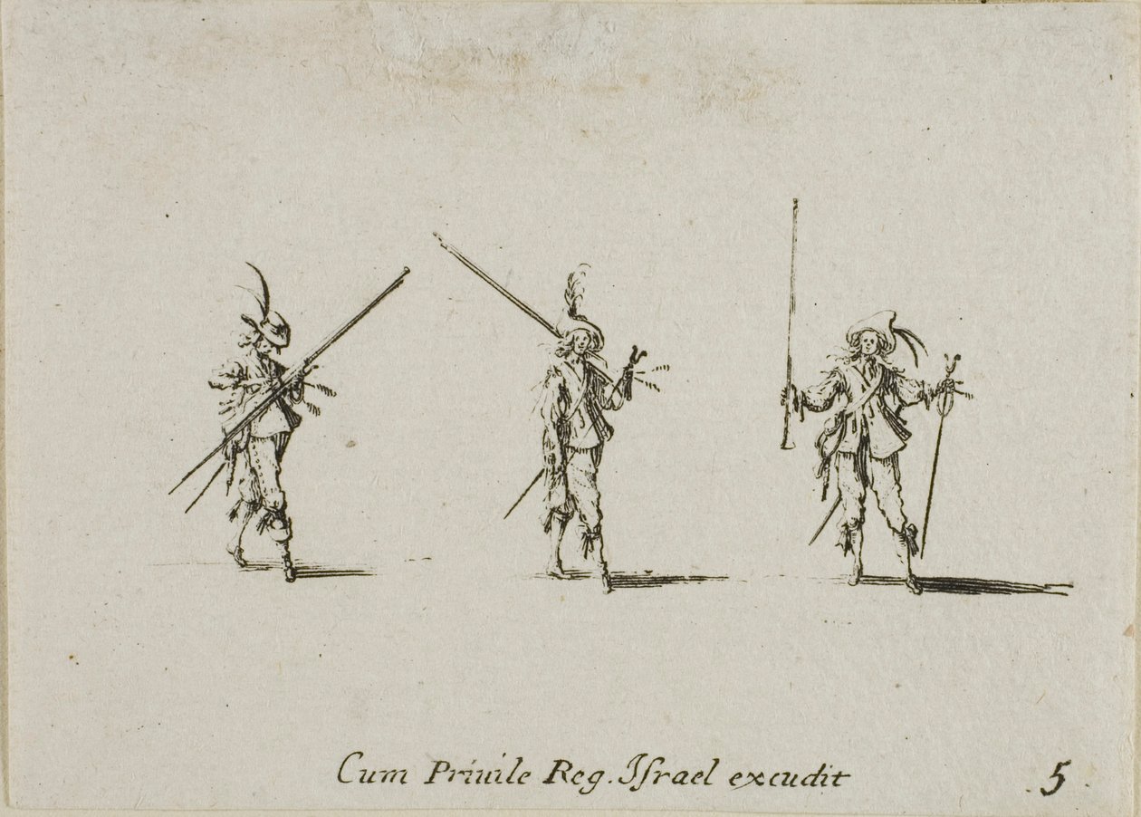 Vrták s Tilted Pikes, deska pět z The Military Exercises od Jacques Callot