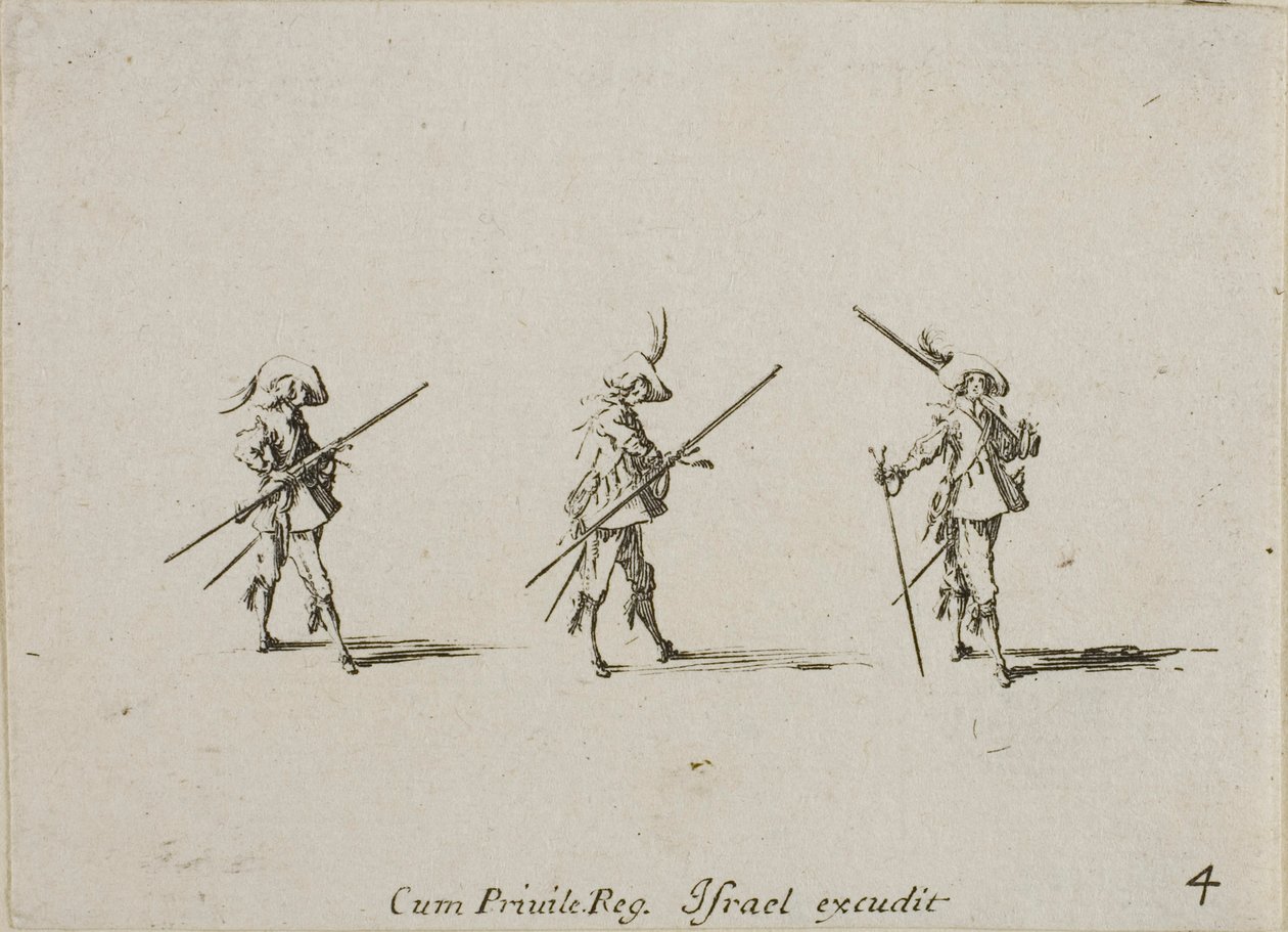 Vrták s mušketou, deska čtyři z Vojenských cvičení od Jacques Callot