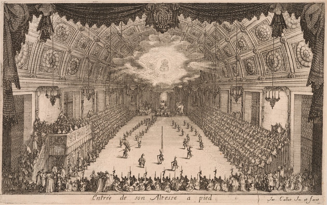 Vévoda Karel IV. přijíždějící pěšky, z Combat à la Barrière od Jacques Callot