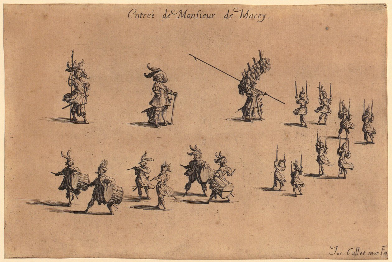 Šlechtic v plášti lemovaném kožešinou, s rukama sepjatýma za zády, list 7 ze série "Šlechta" od Jacques Callot