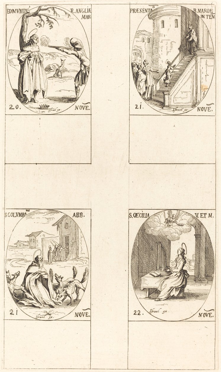 Edmund, král anglický, mučedník, uvedení Panny Marie, sv. Kolumba, sv. Cecil. od Jacques Callot