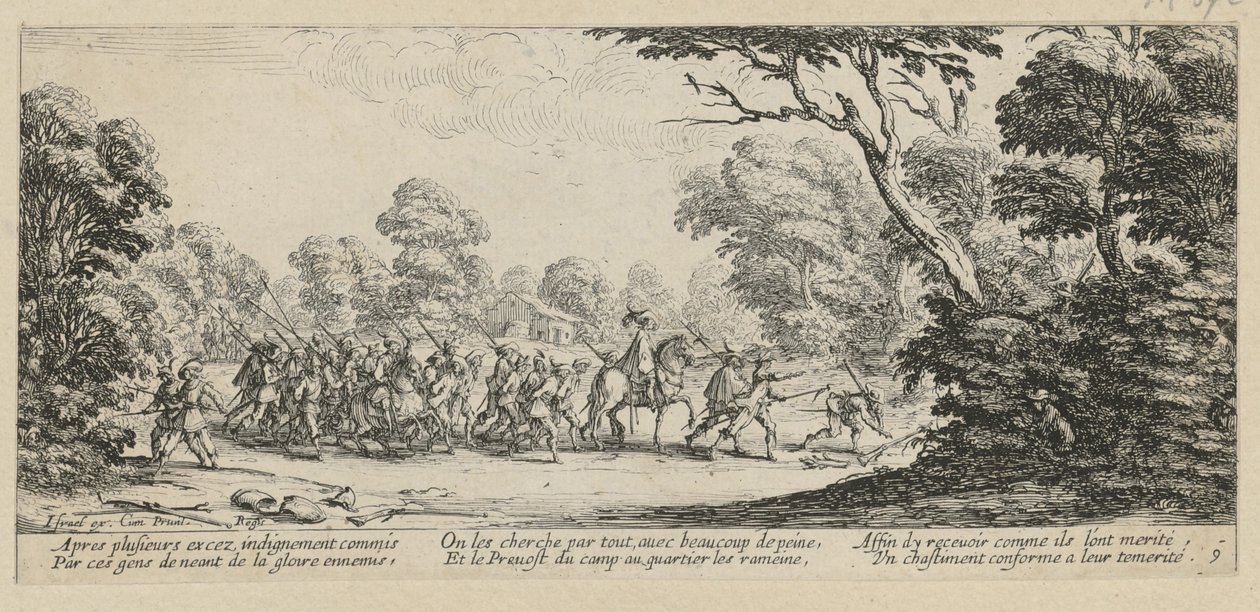 Odhalení zločinců, list 9 ze série „Hrůzy války“ od Jacques Callot