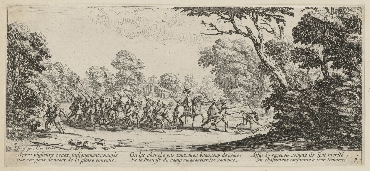 Odhalení zločinců, list 9 ze série „Hrůzy války“ od Jacques Callot