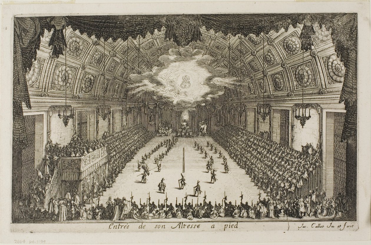 Vstup Jeho Výsosti pěšky, z The Combat at the Barrier od Jacques Callot