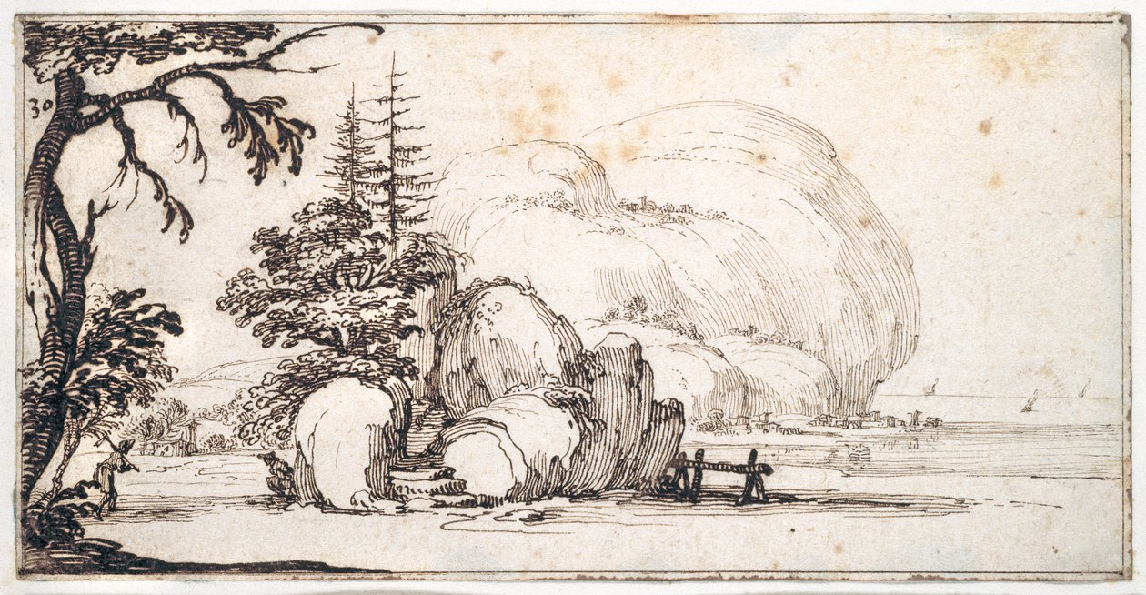 Fantastické skály u pobřeží, budovy na pobřeží (pero a hnědý inkoust na papíře) od Jacques Callot