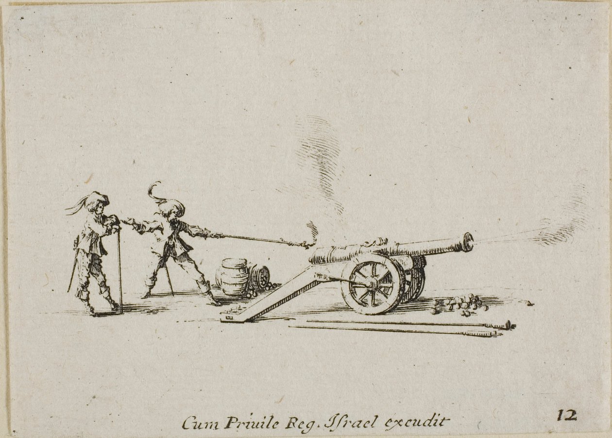 Střelba z kánonu, deska dvanáct z Vojenských cvičení od Jacques Callot