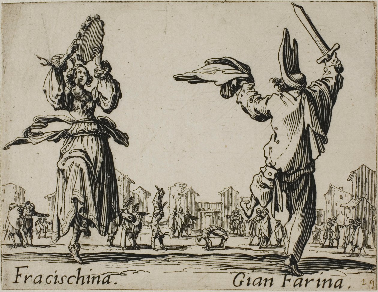 Fracischina - Gian Farina, deska 17 z knihy Balli di Sfessania od Jacques Callot