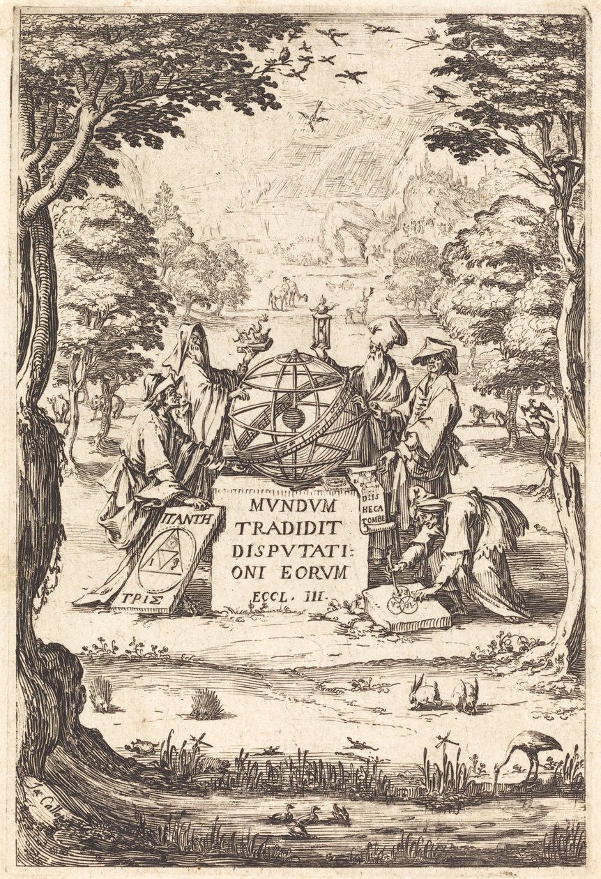 Frontispis pro posvátnou kosmologii (titul s astrology) od Jacques Callot