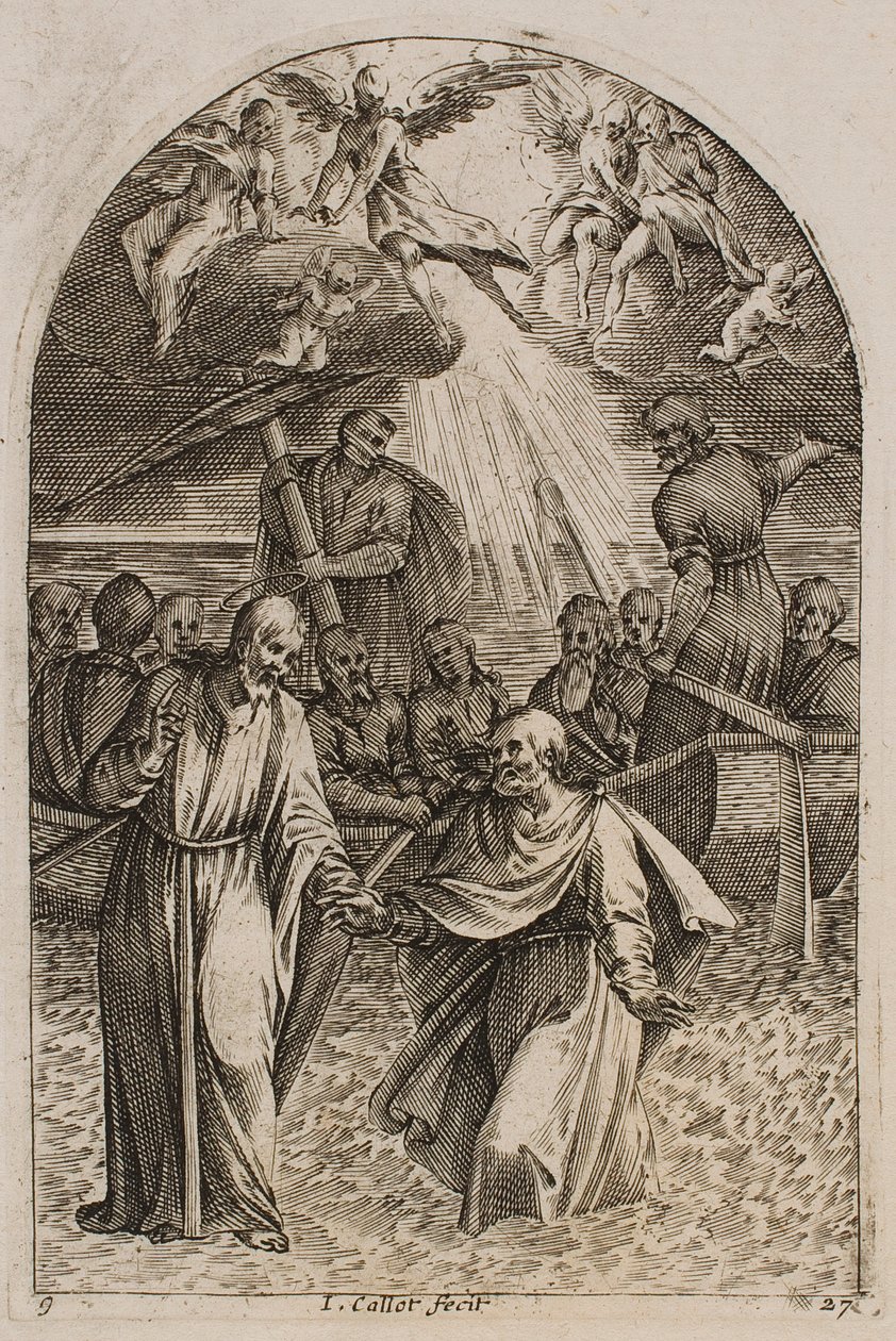 Ježíš a svatý Petr kráčející po vodě, ze série „Obrazy Říma“ od Jacques Callot