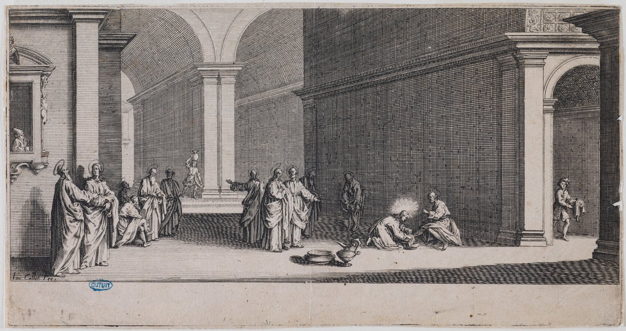 Velké pašije, Mytí nohou. První list ze souboru 7 listů (Lieure 281, Meaume 12) od Jacques Callot