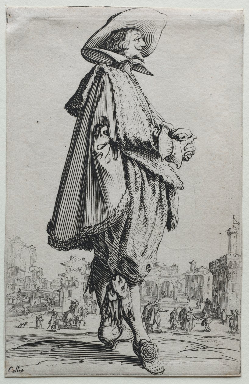 La Noblesse: Gentleman stojící v profilu se sepjatýma rukama od Jacques Callot