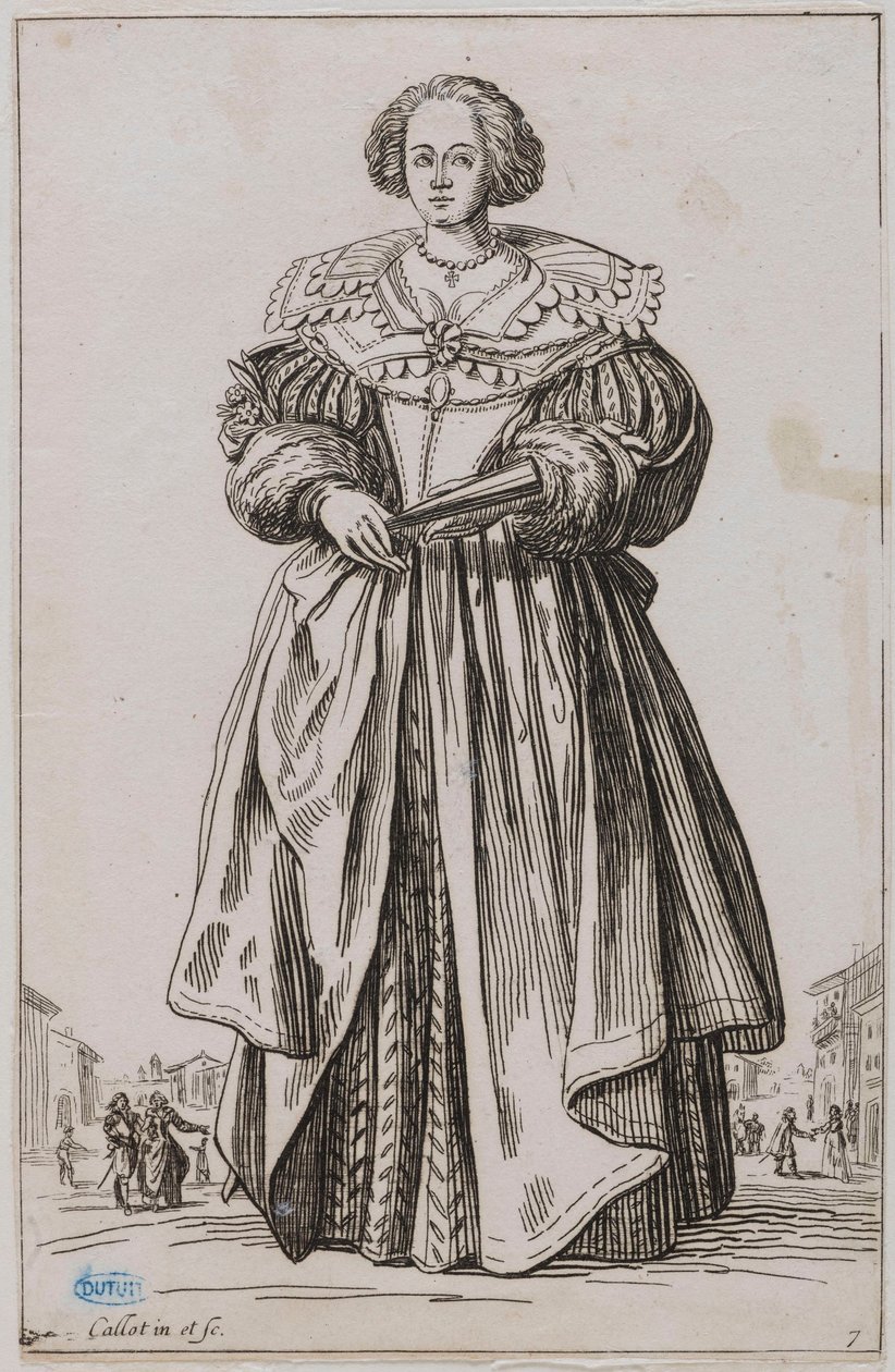 Šlechta, Dáma s vějířem. Devátá skladba z cyklu dvanácti skladeb (Lieure 557, Meaune 683) od Jacques Callot