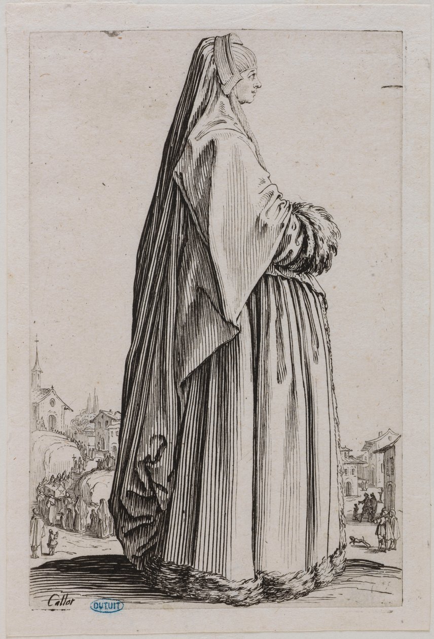 Šlechta, dáma s velkým závojem a šaty lemovanými kožešinou. Páté číslo ze souboru 12 listů (Lieure 553, Meaume 679) od Jacques Callot