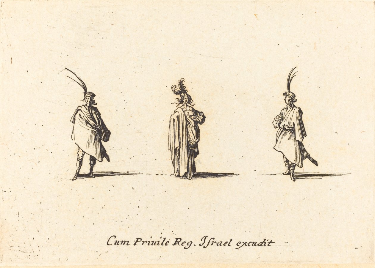Dáma v dlouhém plášti a dva pánové od Jacques Callot