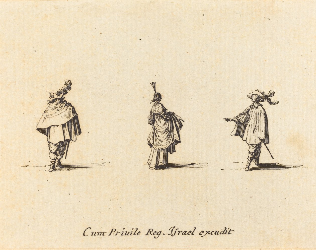 Dáma v šatech se shromáždila a dva pánové od Jacques Callot