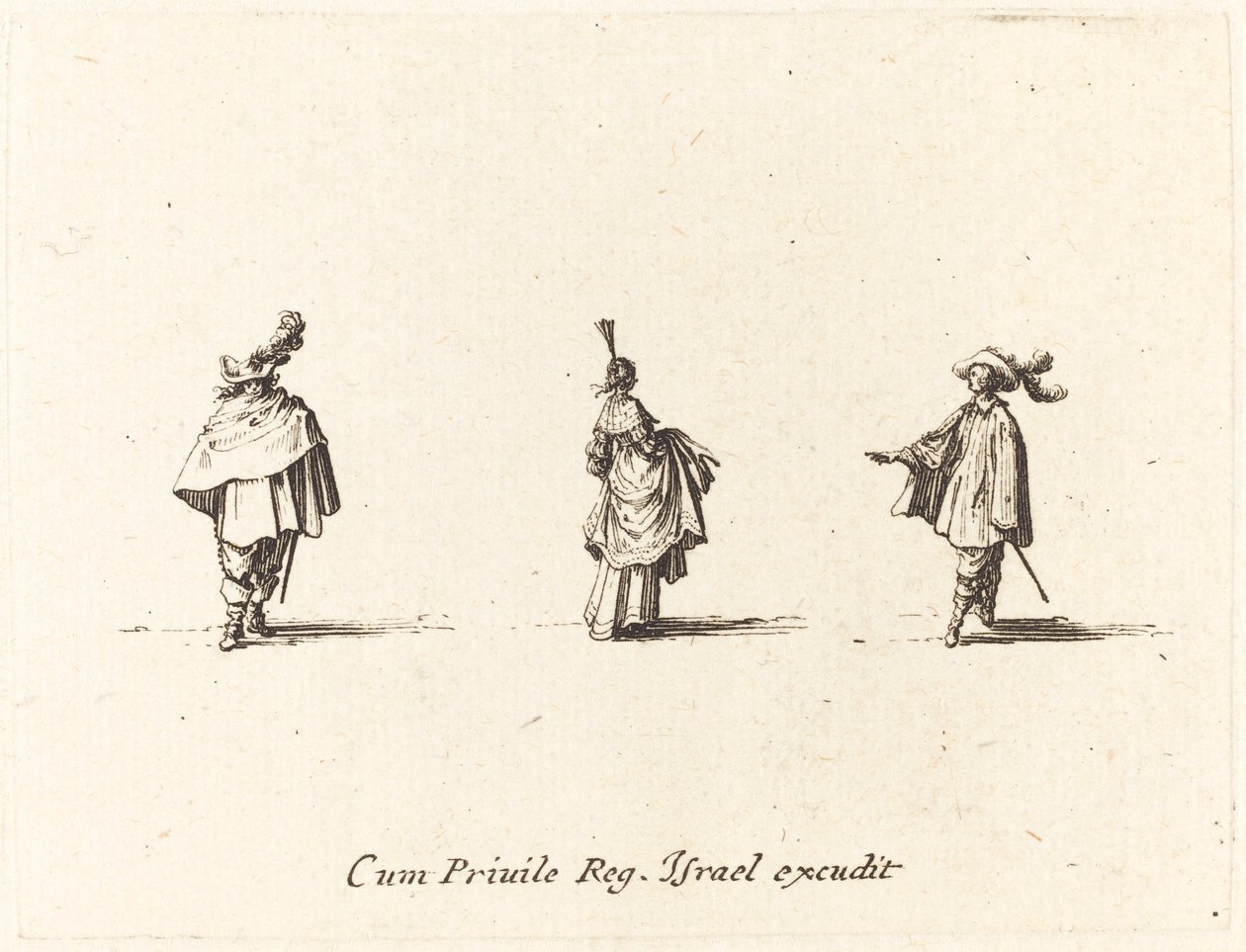 Dáma v šatech se shromáždila a dva pánové od Jacques Callot