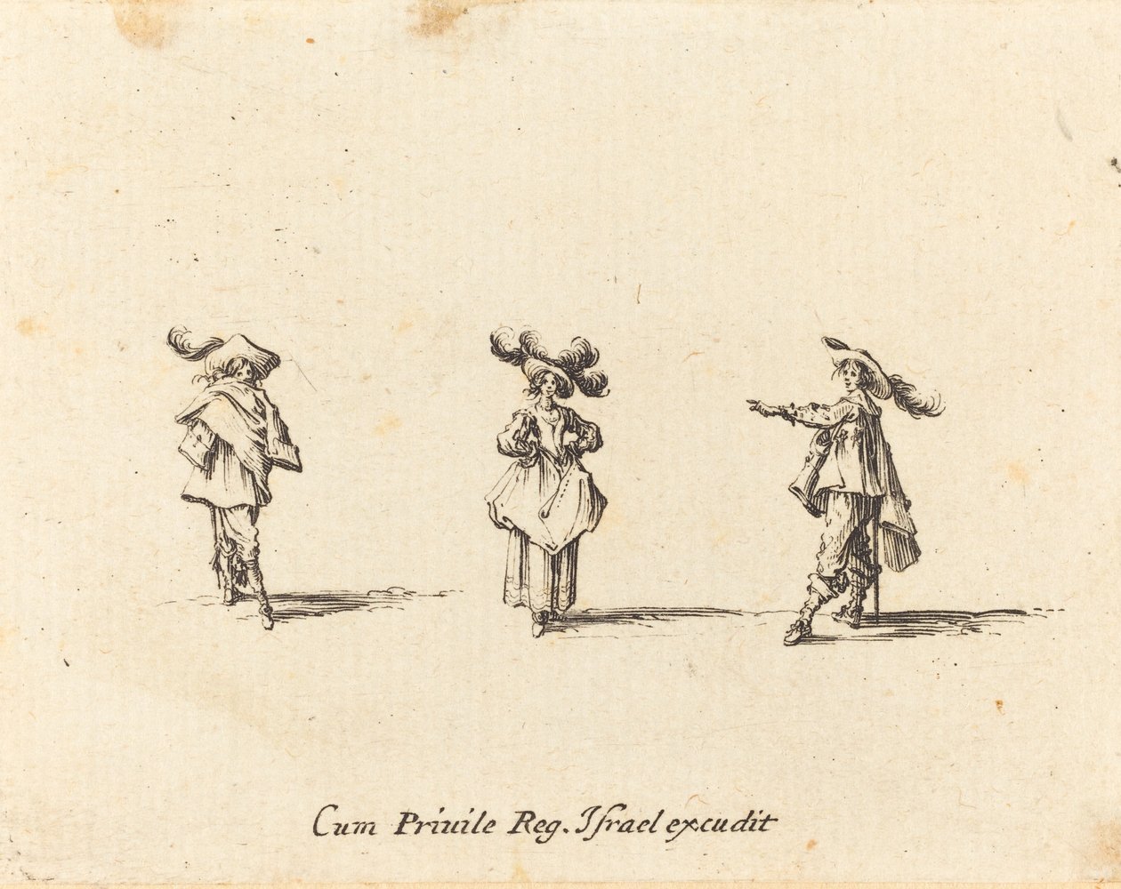 Dáma s velkými chocholy a dva pánové od Jacques Callot
