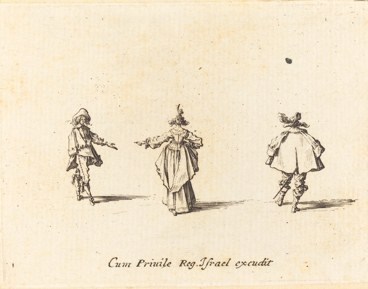 Dáma s nataženou paží při pohledu zezadu a dva pánové od Jacques Callot