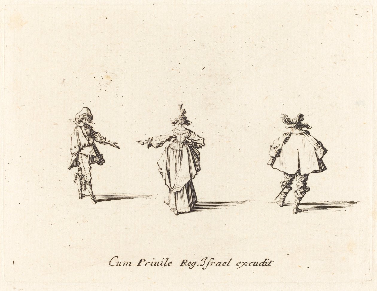 Dáma s nataženou paží při pohledu zezadu a dva pánové od Jacques Callot