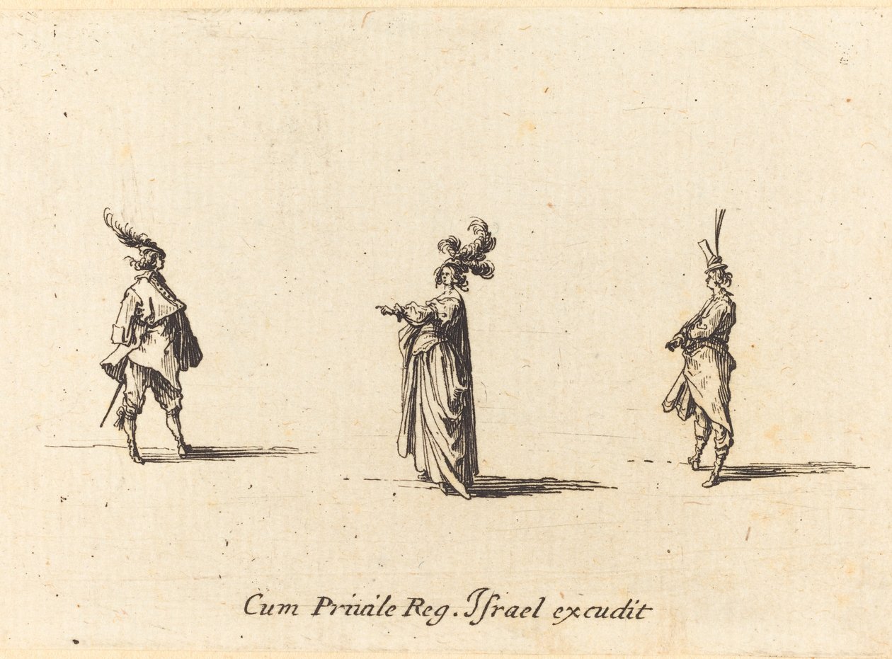 Dáma s opeřeným kloboukem a dva pánové od Jacques Callot