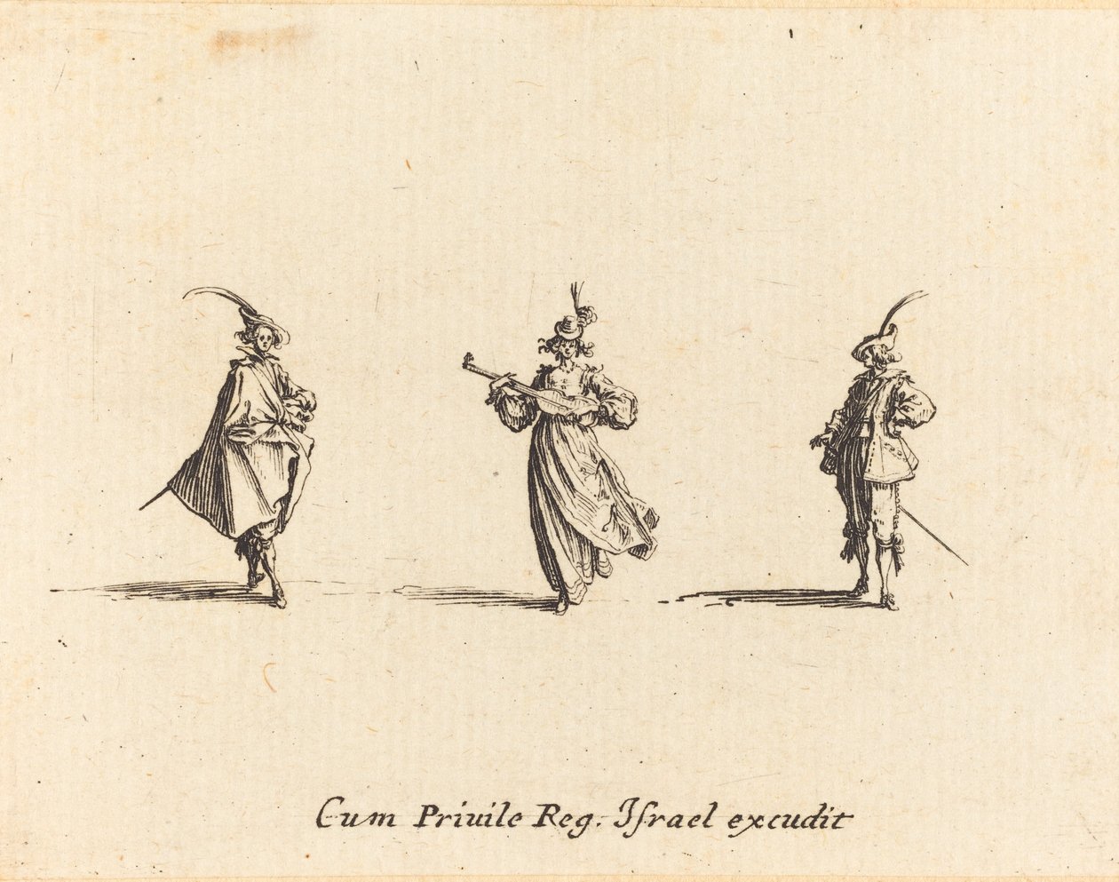 Dáma se smyčcovým nástrojem a dva pánové od Jacques Callot