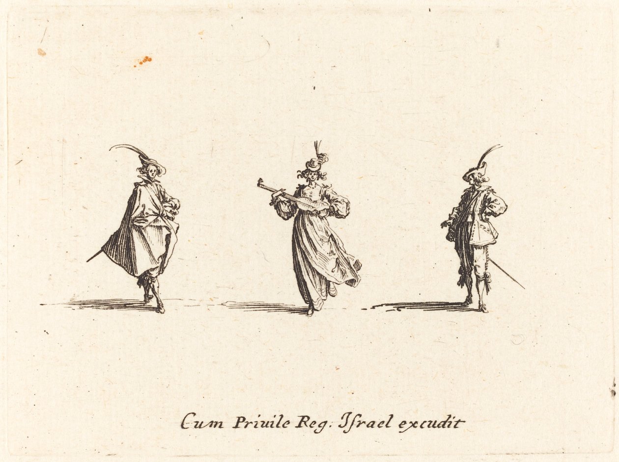 Dáma se smyčcovým nástrojem a dva pánové od Jacques Callot