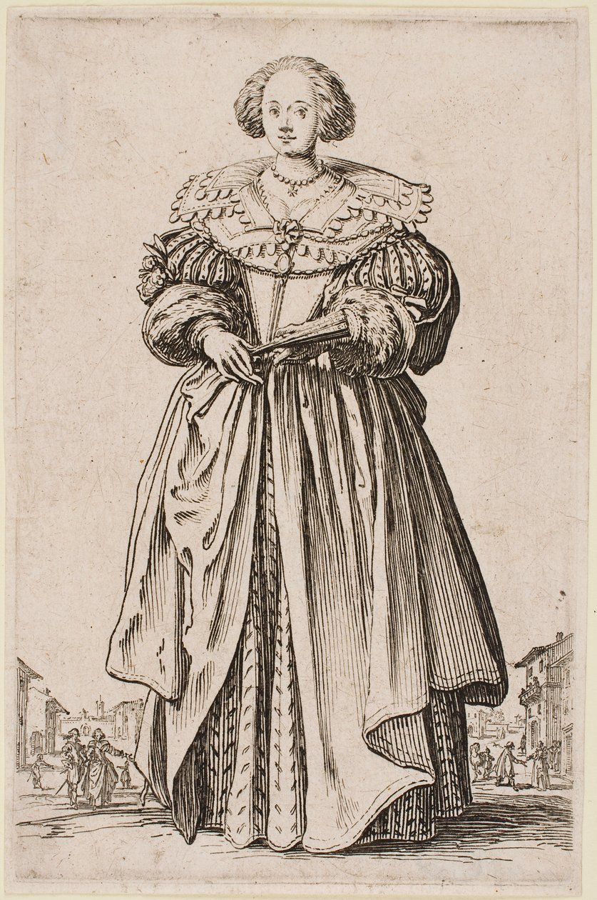 Dáma s vějířem, ze série „The Nobility of Lorraine“ od Jacques Callot