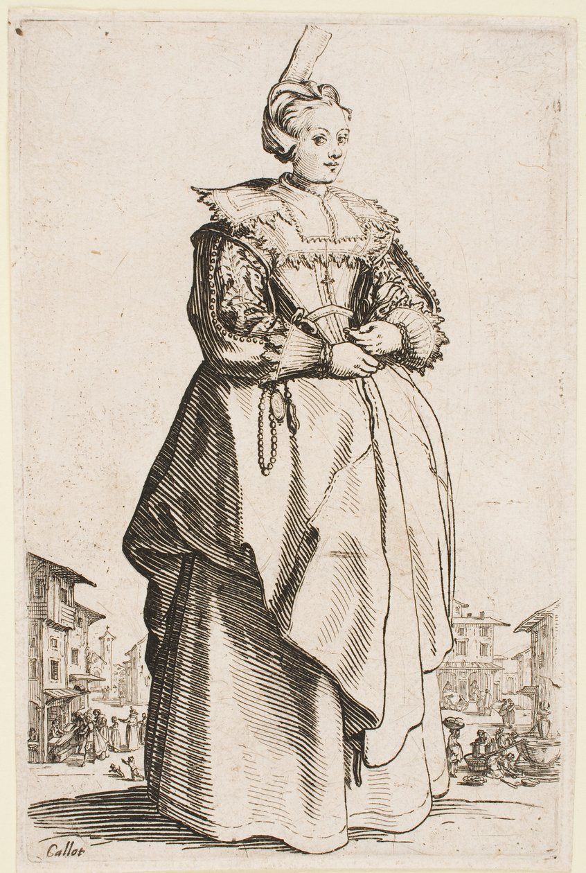 Dáma se zdviženou čepicí, ze série „The Nobility of Lorraine“ od Jacques Callot