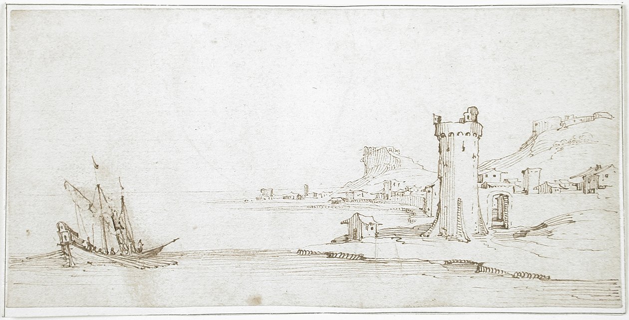 Krajina s věží a lodí od Jacques Callot