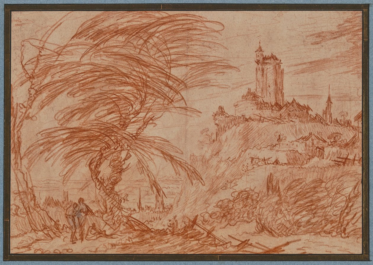Landschaft, rechts auf einem Hügel ein großer Turm, links eine Baumgruppe und einige Figuren od Jacques Callot