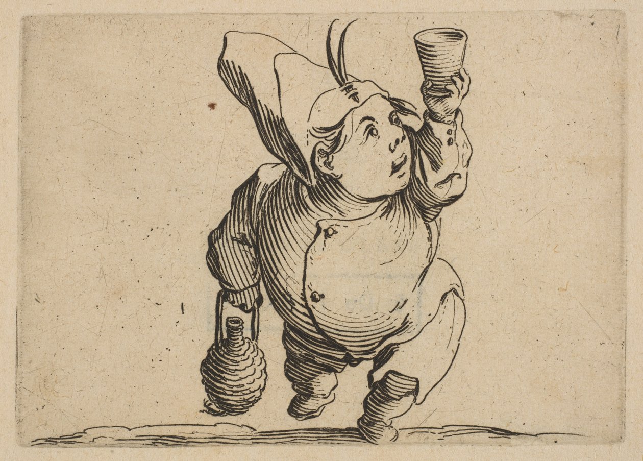 Le Beveur vu de Face The Drinker Pohled zepředu, z Varie Figure Gobbi, oblek..., 1616-22. od Jacques Callot