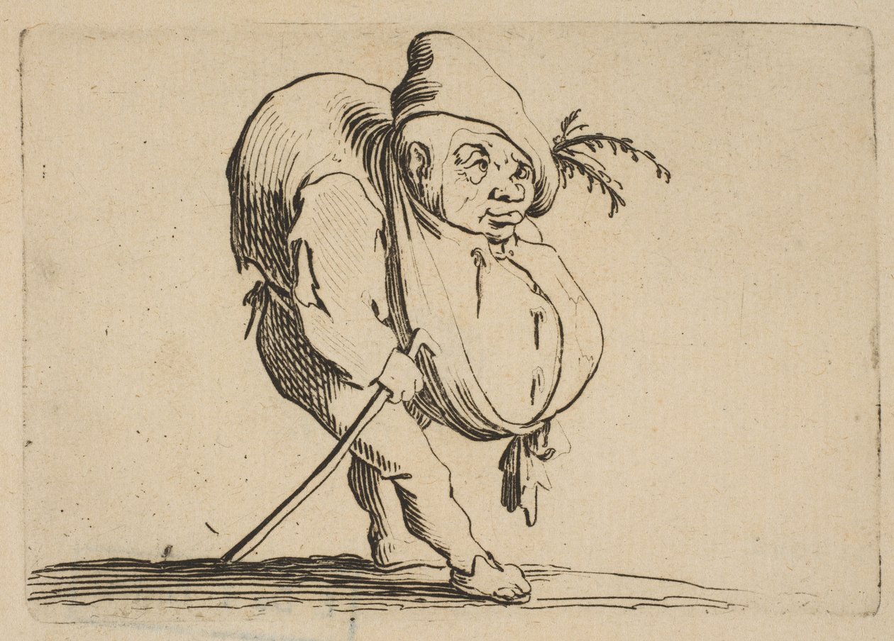 Le Bossu a La Canne Hrbáč s holí, od Varie Figure Gobbi, suite appelée..., 1616-22. od Jacques Callot