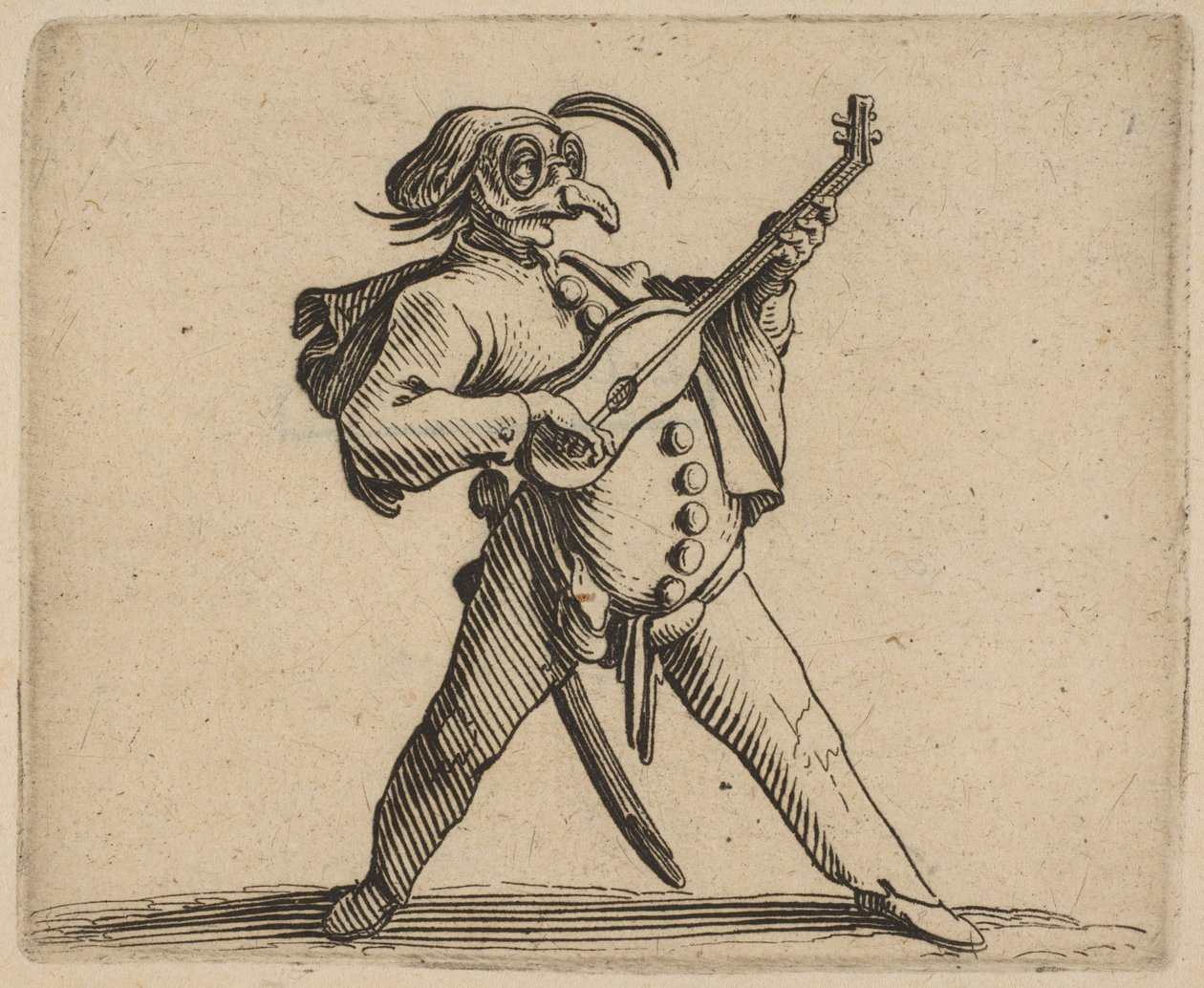 Maskovaný komik hrající na kytaru, od ..., 1616-22. od Jacques Callot