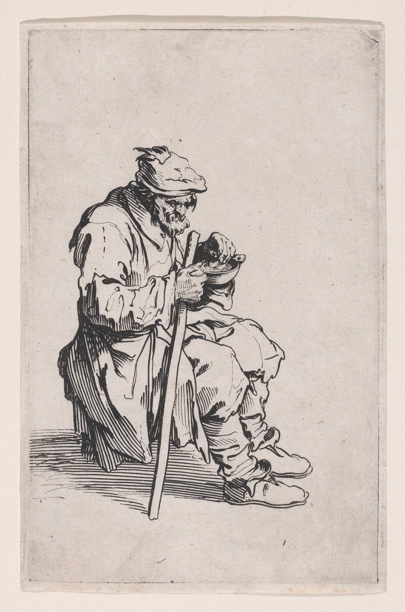 Sedící a jedící žebrák, ze souboru „Les Gueux, suite appelée aussi Les Mendiants, Les Baroni, ou Les Barons“ od Jacques Callot