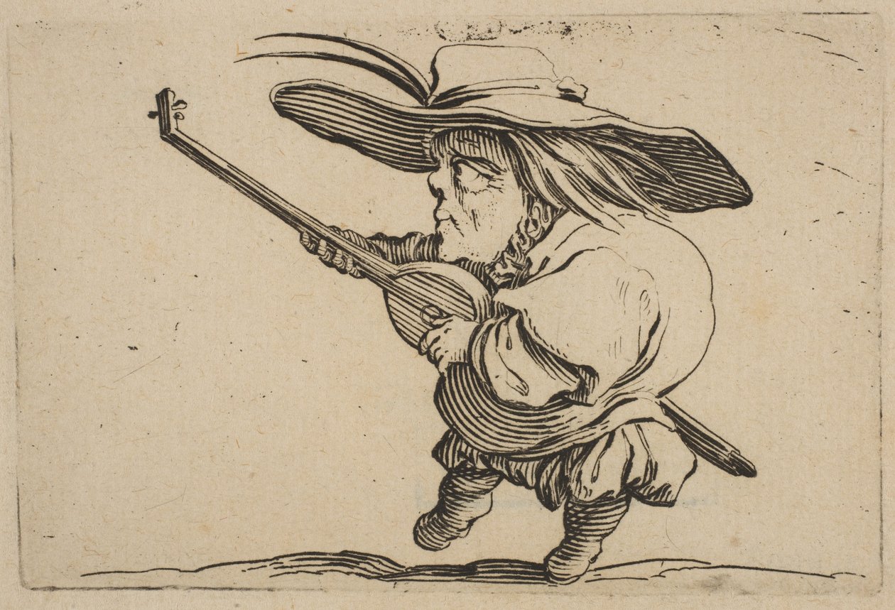 Lute Player, z Varie Figure Gobbi, suita nazývaná také Les B..., 1616-22. od Jacques Callot