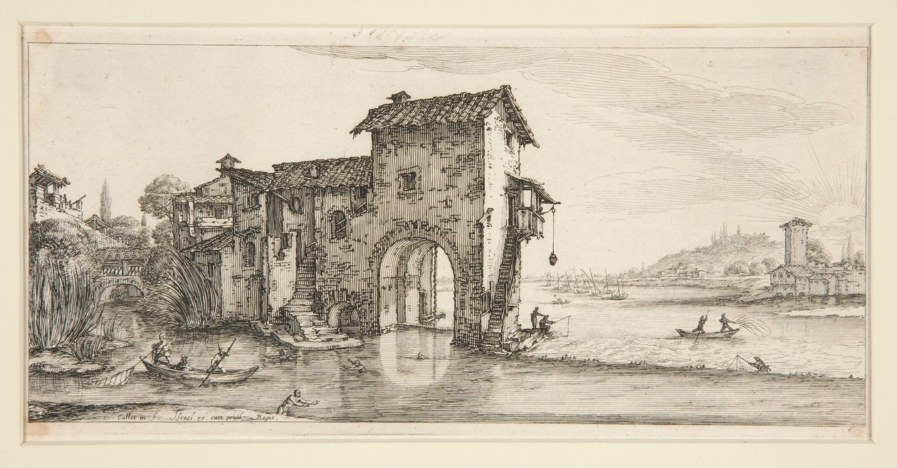 Vodní mlýn, z Krajin pro Giovanniho de Medici od Jacques Callot