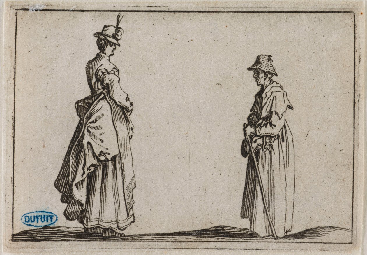 Rozmary, dvě ženy z profilu. Devatenácté číslo souboru 50 rytin vyrytých ve Florencii (Lieure 232, Meaume 804) od Jacques Callot
