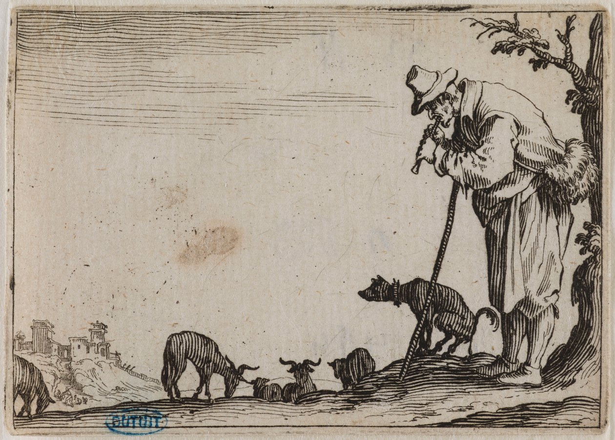 Les Caprices, Pastýř hrající na flétnu. Třicáté sedmé číslo ze suity 50 skladeb, vyryté v Nancy (Lieure 464, Meaume 833) od Jacques Callot