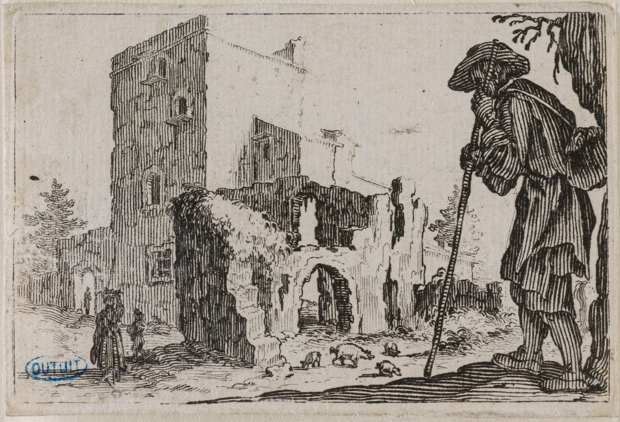 Rozmary, Pastýř a ruiny. Páté číslo ze série 50 rytin zhotovených v Nancy (Lieure 432, Meaume 777) od Jacques Callot